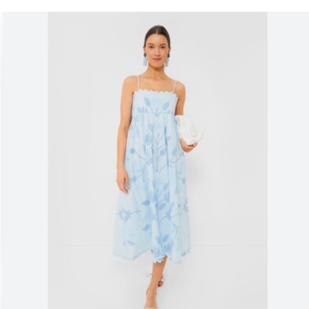 JULIET DUNN Scalloped Floral Blue Cotton Midi Dress - 2